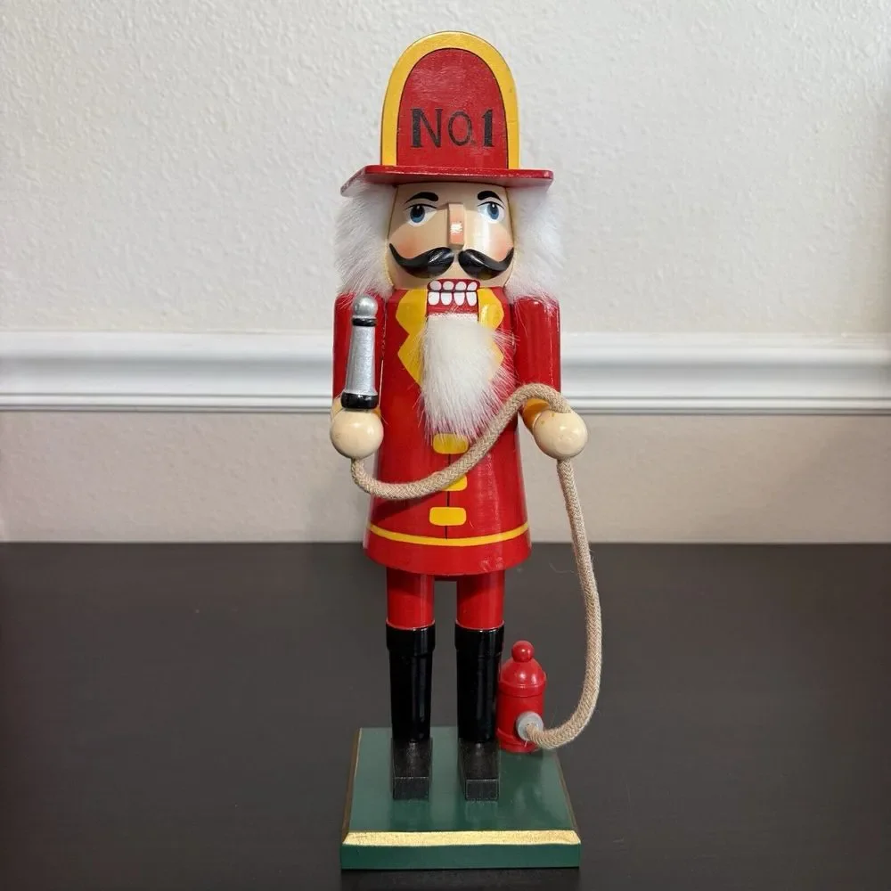 Nutcracker Fireman Figurine Wooden Vintage Holiday Home Accent Hose Fire Hydrant